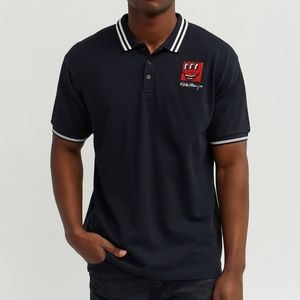 NWT Reason Brand x Keith Haring Black Happy Face Embroidered Polo L
